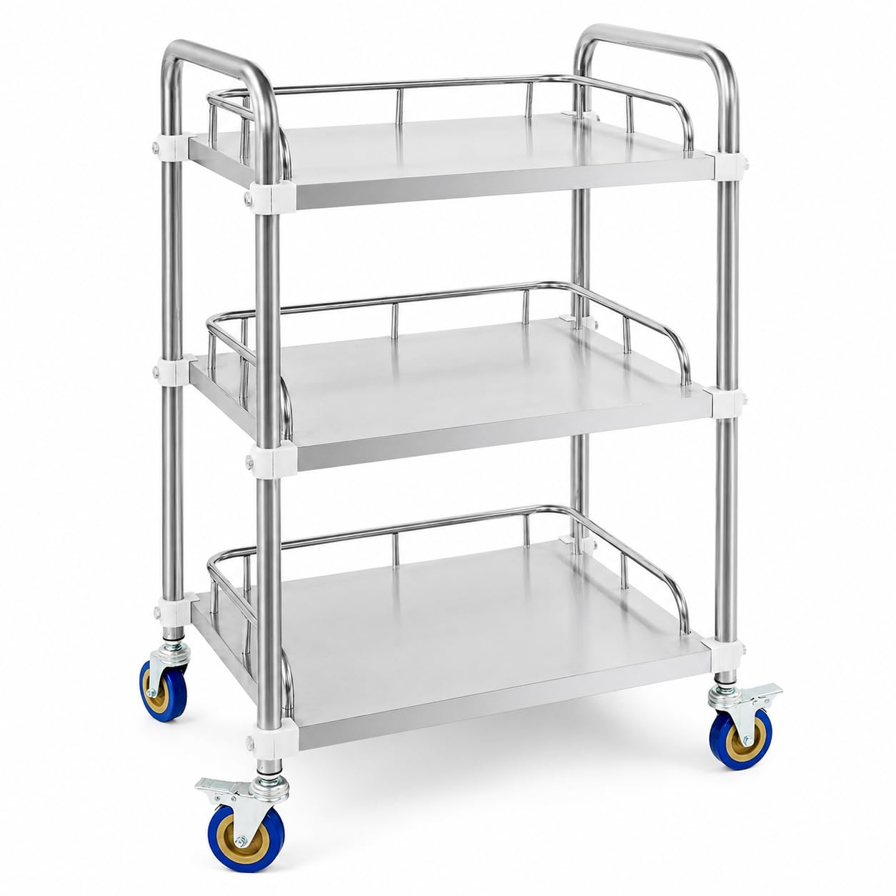Carro de servicio de acero inoxidable con 3 niveles, 50 x 40 x 86 cm, carrito de cocina con 4 ruedas universales, 2 frenos, 25 kg por nivel, carrito de transporte para cocina, laboratorio