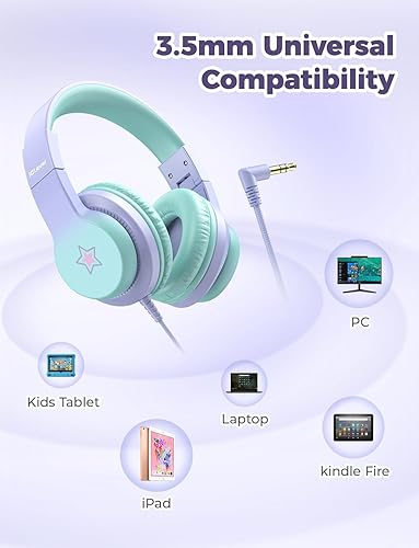 Miniatura 5 de iClever HS19S - Auriculares infantiles con micrófono, limitador de volumen seguro a 85 dBA, auriculares estéreo con orejeras para niños y niñas