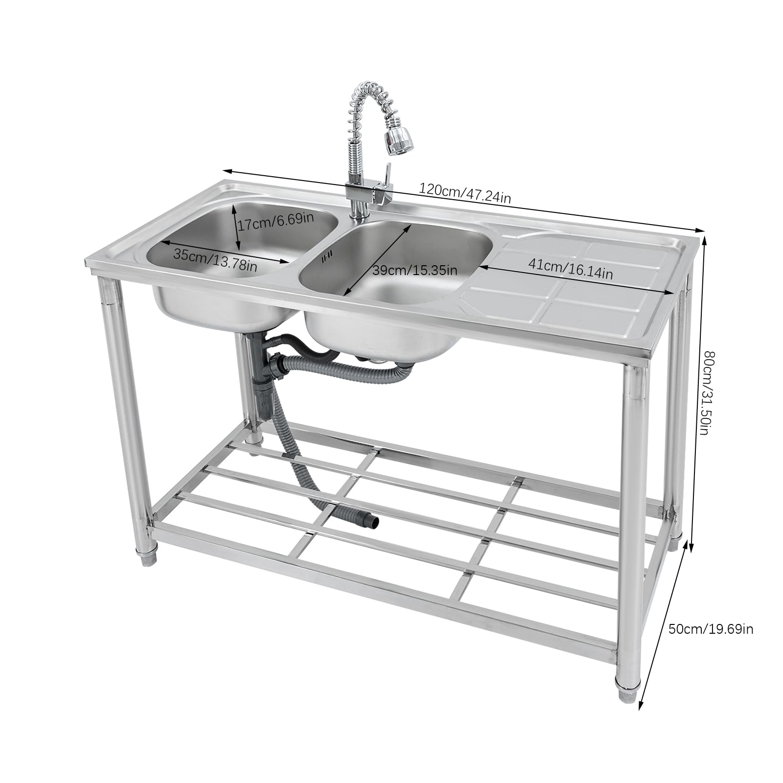 Lavello in acciaio inox, 2 vasche da campeggio, con lavello e rubinetto, per esterni, interni, cucina, ristorante, bar, 120 x 50 x 80 cm