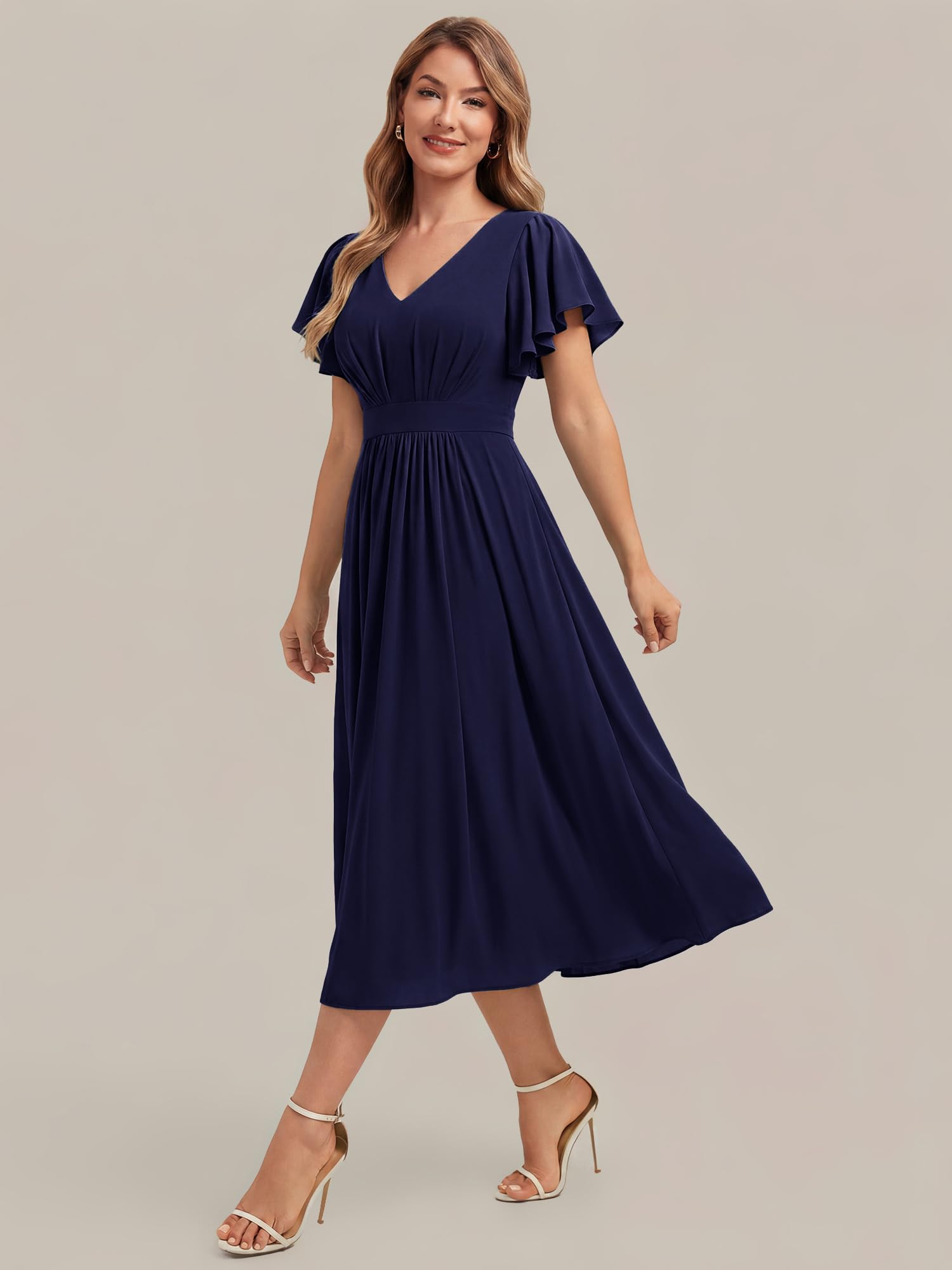 Ever-Pretty Robe Invitée Mariage Élégante Col V Manches Papillon Imprimé Floral Midi pour Soirées EG02744