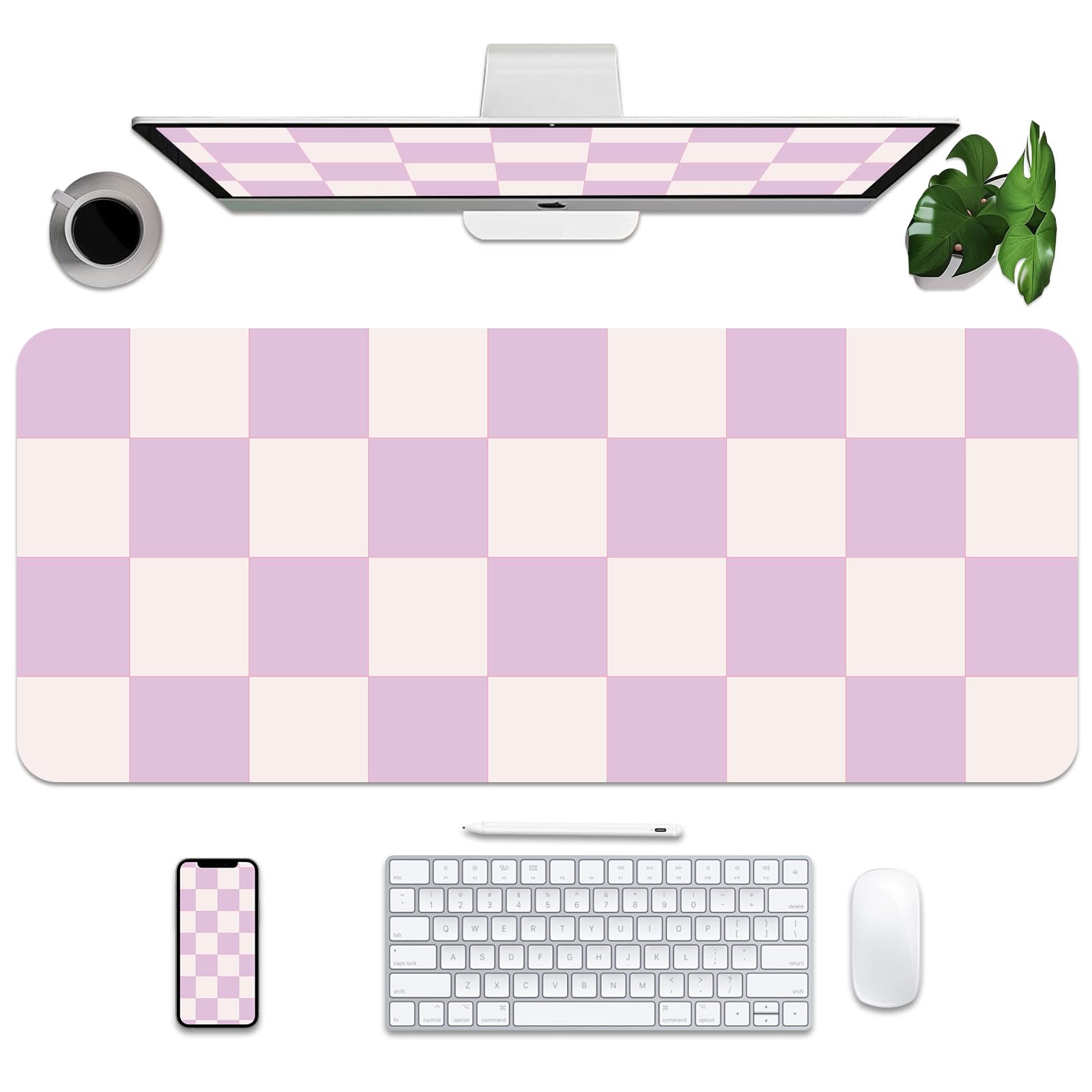 Large Checkered Desk Mat 35.4" x 15.7", PU Leather Mouse Pad Protector, Non-Slip Office Desk Pad, Waterproof Writing Pad for Office and Home (35.4in*