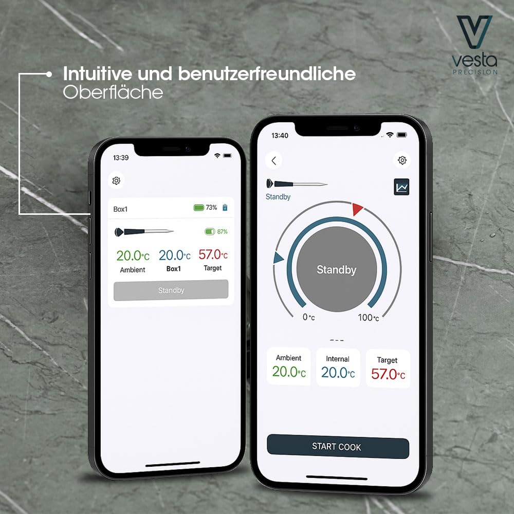 Vesta Precision Vestemp BP20 Kabelloses BBQ-Fleischthermometer | Intelligente Kochsonde mit Bluetooth und WLAN, LED-Anzeige, spülmaschinenfest, 72 Stunden Akkulaufzeit, Dreifachsensor