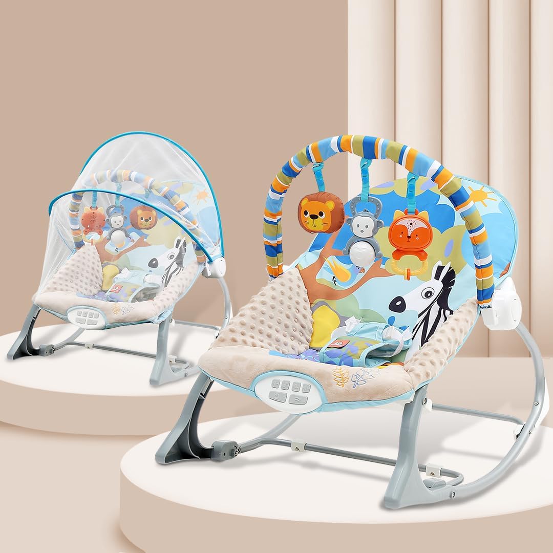 INFANTSO Baby Rocker & Bouncer for 0 to 2 Years (Dark Blue), Portable Chair for Newborn with Mosquito Net, U-Shaped Pillow with Calming Vibrations, Soft Music & Hanging Toys, Adjustable Toddler Swing-image-46