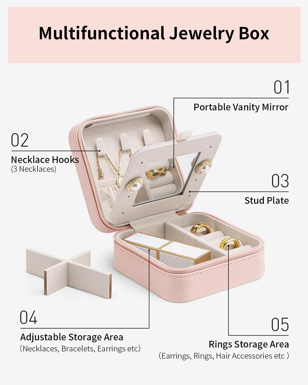 VLANDO Travel Jewelry Box, Small Jewelry Travel Organizer Case for Girls Women - Pink Mirror*6 pack