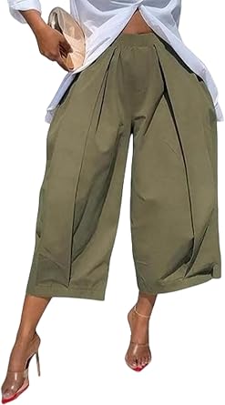 LETSVDO Women Wide Leg Palazzo Capri Pants High Waist Baggy Barrel Balloon Pleated Gaucho Crop Trousers Long Shorts Jorts