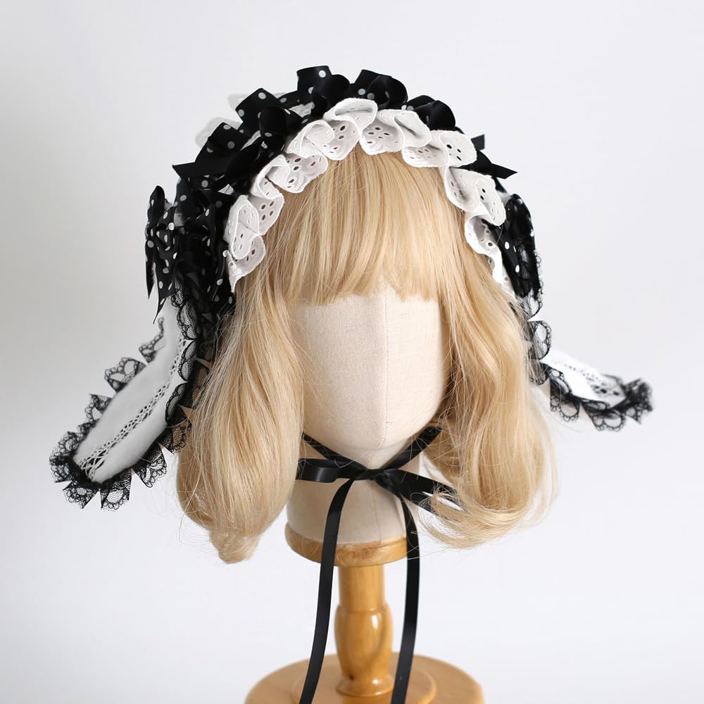 Gothic Lace Ruffled Headband Bowknot Hairband Bunny Ear Headbands Lolita Tea Party Hair Accessory for Women (Black White-Rabbit Ear)