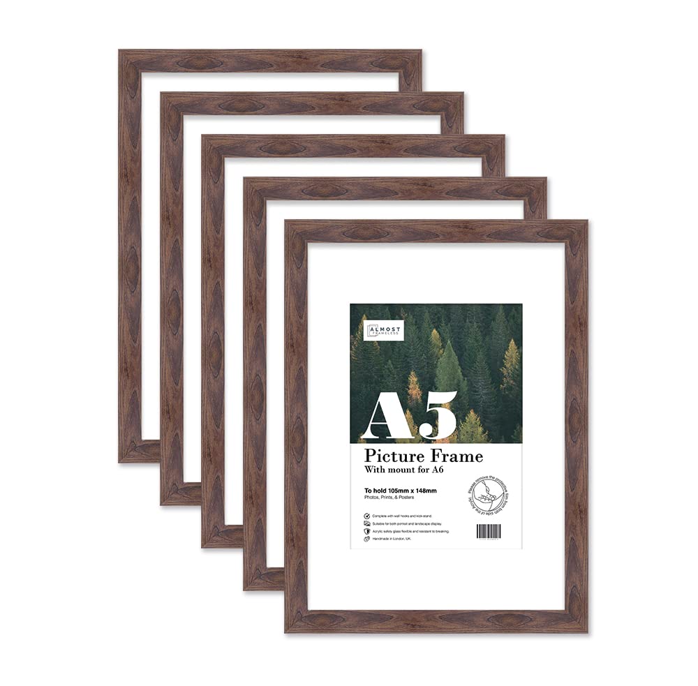 Almost Frameless A5 Walnut Picture Frame Set of 5, Display A6 Pictures with Mount or A5 Without Mount Gallery Wall, Poster, Photo, Artwork, or Print, Walnut