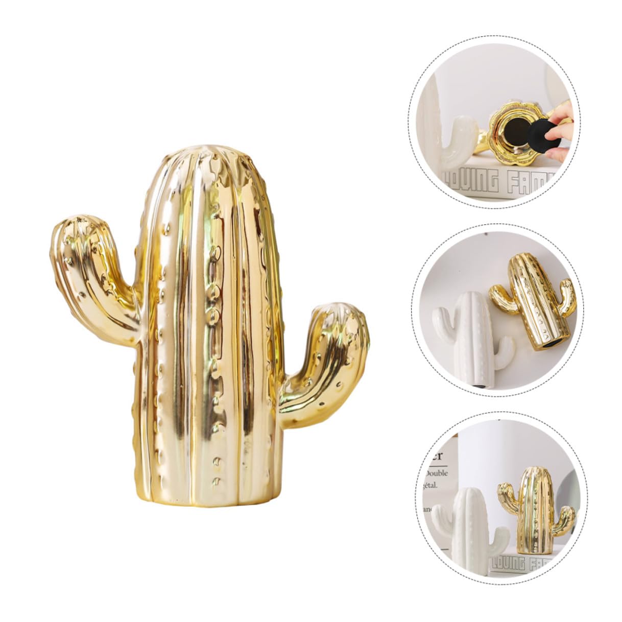 Gatuida Keramik Spardose Kaktus Desktop Spartopf Goldfarben Münzbehälter Heimornament für Wohnzimmer Dekoration und Foto Requisiten