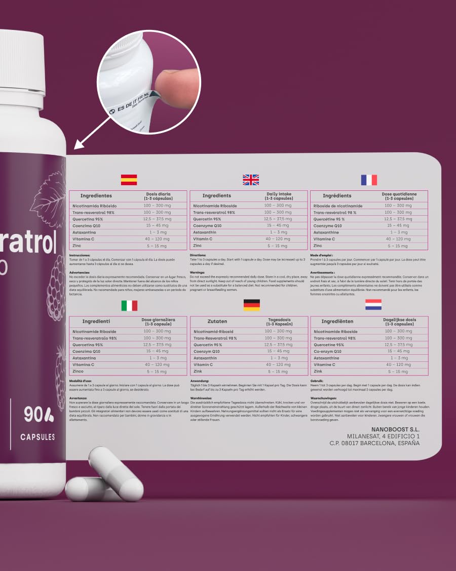 Trans-Resvératrol 98%, NAD⁺, Coenzyme Q10, Quercétine, Astaxanthine, Vitamine C & Zinc | Antioxydant Puissant, Anti-Âge & Immunité | 90 Gélules | Formule Avancée 7 Actifs Synergiques | 3 Mois