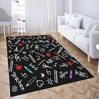 LOKMU Non-Slip Area Rugs Back to School Blackboard Chalk Drawings Crayons Markers Rulers Home Decor Rugs Carpet for Classroom Living Room Bedroom Dining Kindergarten Room 8'x10'