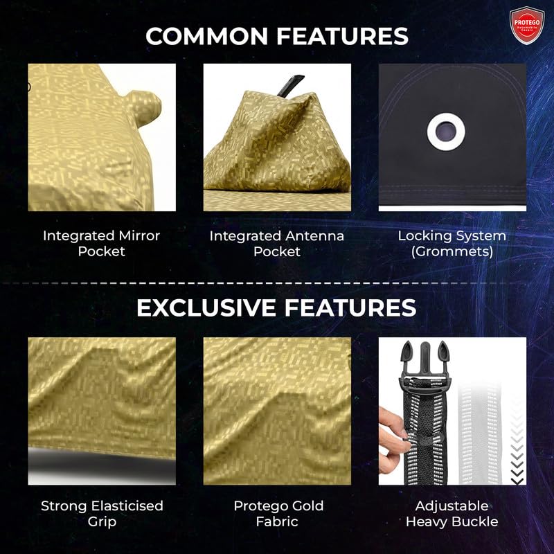 Image of PROTEGO All Weather Protection Car Cover for Ameo | Anti Dust, 100% Waterproof, Custom Fit, Multi-Layered, Elastic Grip, Buckle Hook with Mirror Pocket | (Gold)