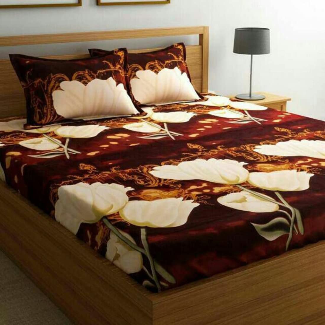 PCOTT Prime Collection 144TC 3D Printed Polycotton Double Bedsheet with 2 Pillow Covers (Multicolour, Size 87 x 87 Inch) - Coca Cola with White Flower 3D