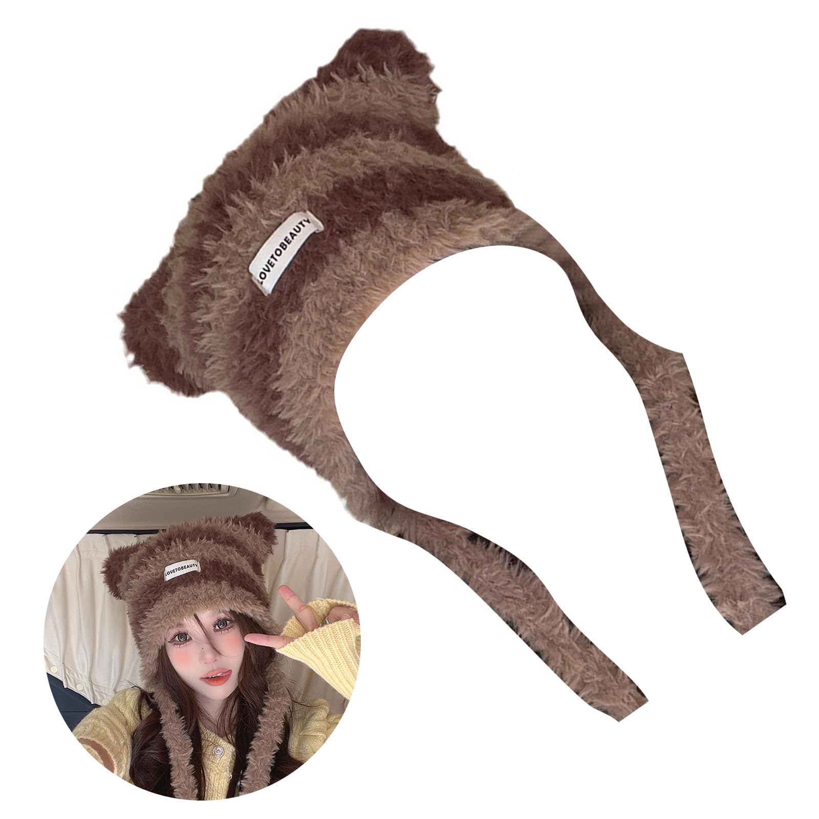 Women Plush Cat Ear Muff Hat for Skiing Hiking Size Lady Windproof with Braid Ear Flaps Black and White