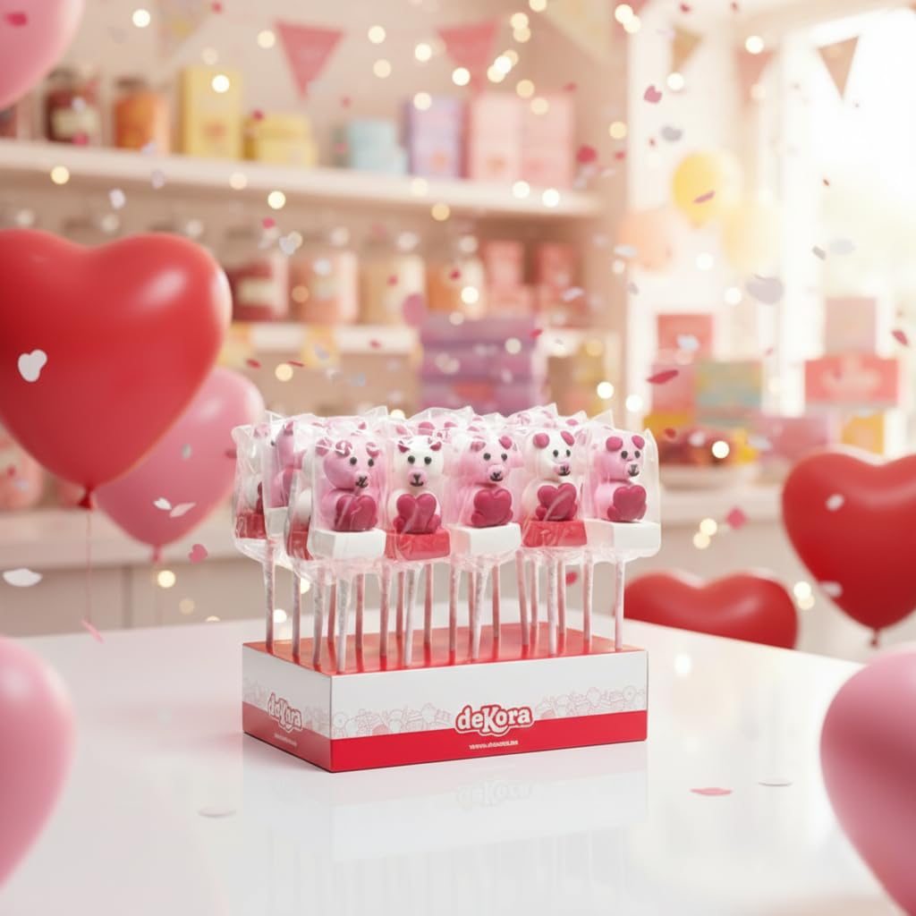 Brochetas de Ositos de Nube – Expositor con 20 Brochetas de Espuma Dulce de 35 g, Golosinas Marshmallow en Forma de Ositos y Corazones