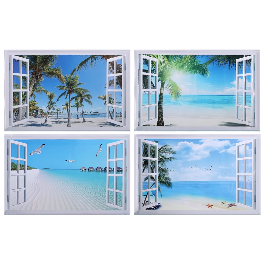 Autocollants muraux fenêtre de plage 3D 90x57cm pour déco salon