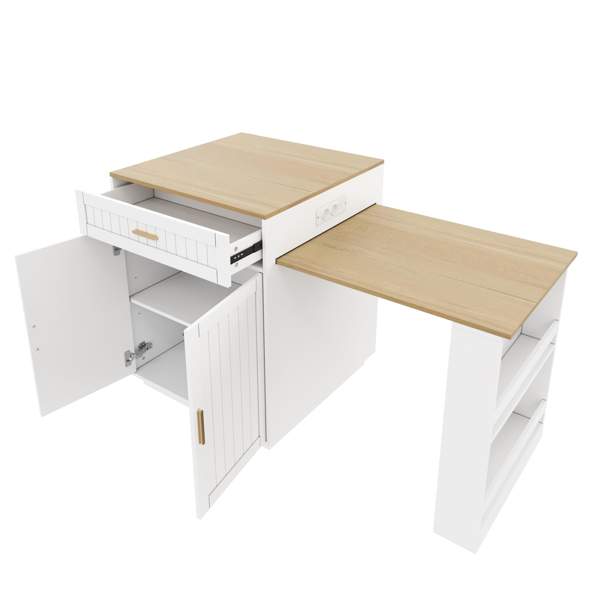 Mobile a isola da cucina, tavolo da bar allungabile con spazio e ruote, mobile da cucina con cassetti e mensola, 121,5-192 x 70 x 92 cm, bianco