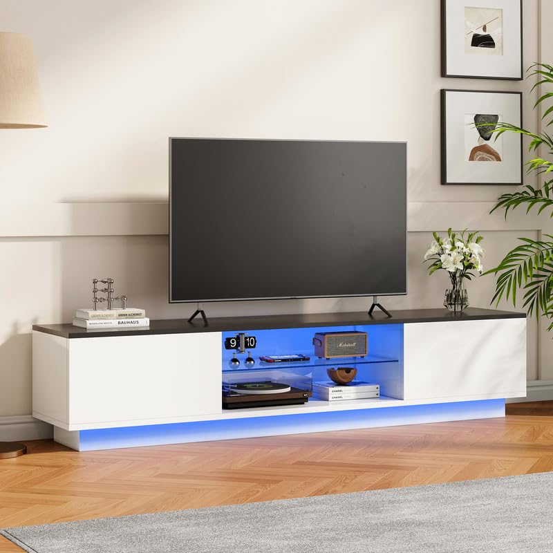 Szafka pod telewizor z oświetleniem LED, drewniany stolik telewizyjny z 2 drzwiami i szklanymi półkami, ławka telewizyjna 160 cm, konsola TV, szafka telewizyjna, szafka pod telewizor 55-65