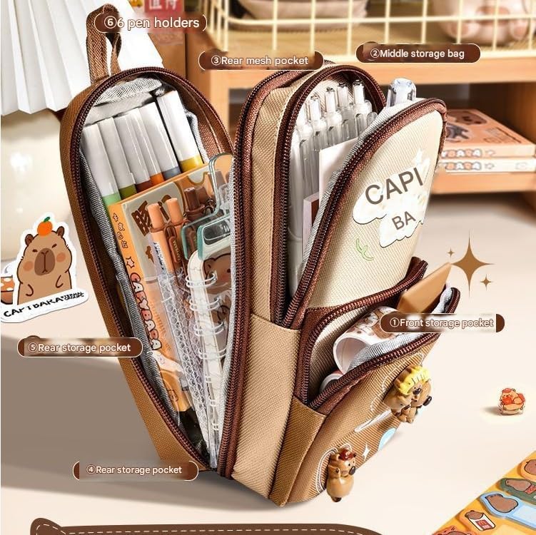 Image of Panda Pencil Case 6 Layer with 3 Compartment Cute Aesthetic Pencil Case for Boys & Girls Large Capacity Pencil Pouch for School Kids Cute Stationary Gift Organizer for School (Brown)