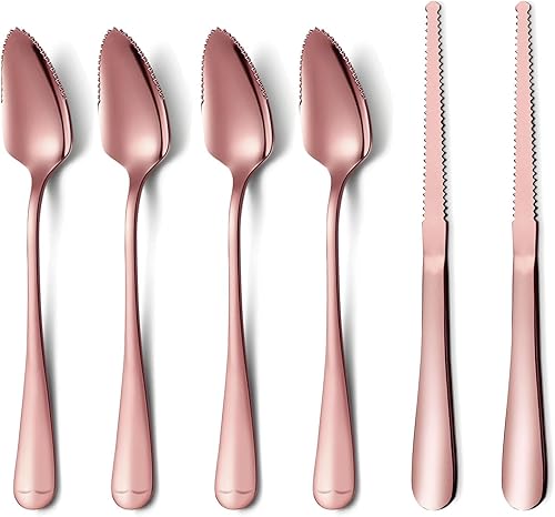 Juego de 6 cucharas de pomelo de oro rosa, juego de 6 piezas, 4 cucharas de toronja de acero inoxidable y 2 cuchillos de pomelo con acabado de