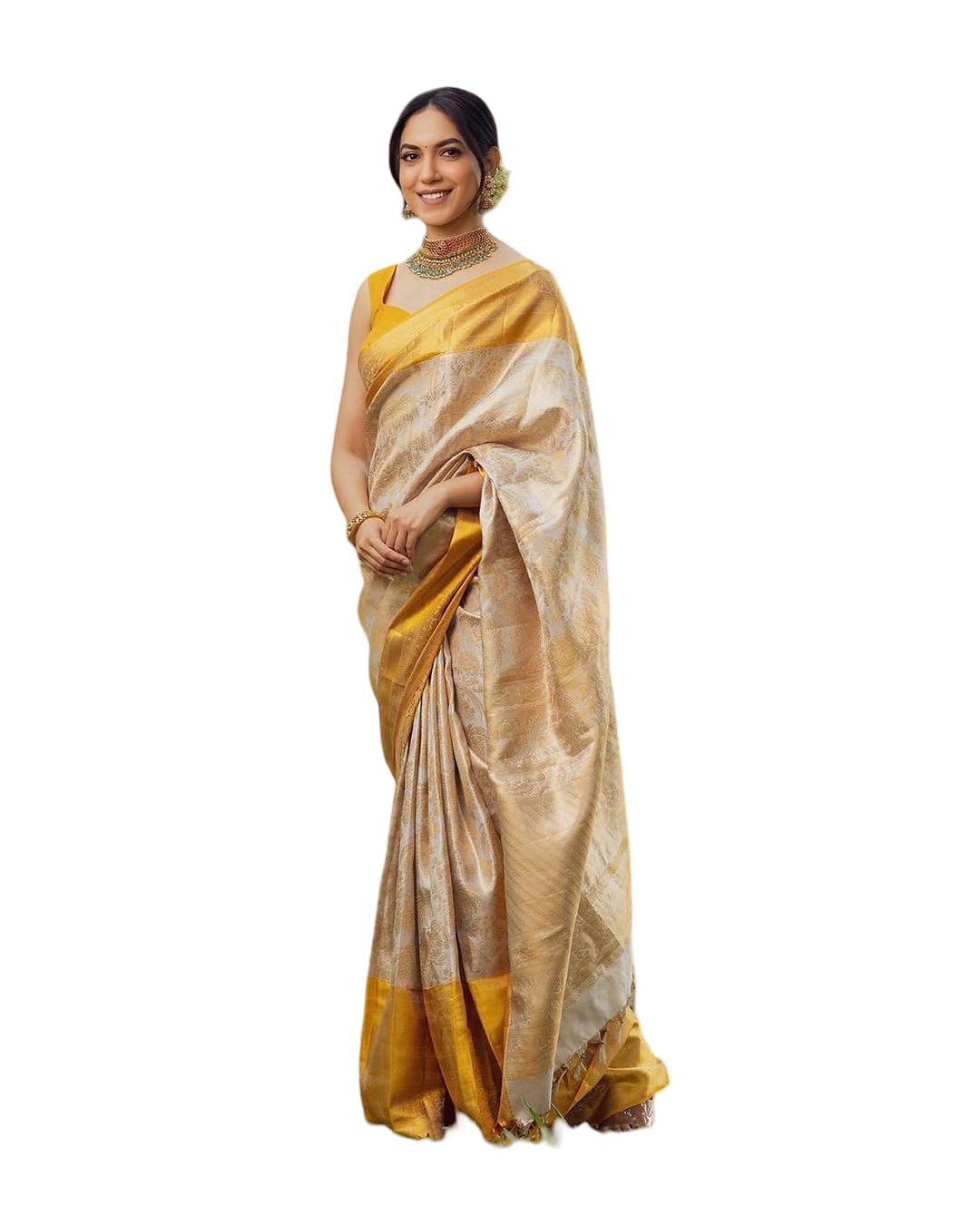 South Indian Yellow Silk Saree with Border and Blouse for Women, featuring Godwal Pattu Sari (Unstitched Blouse)