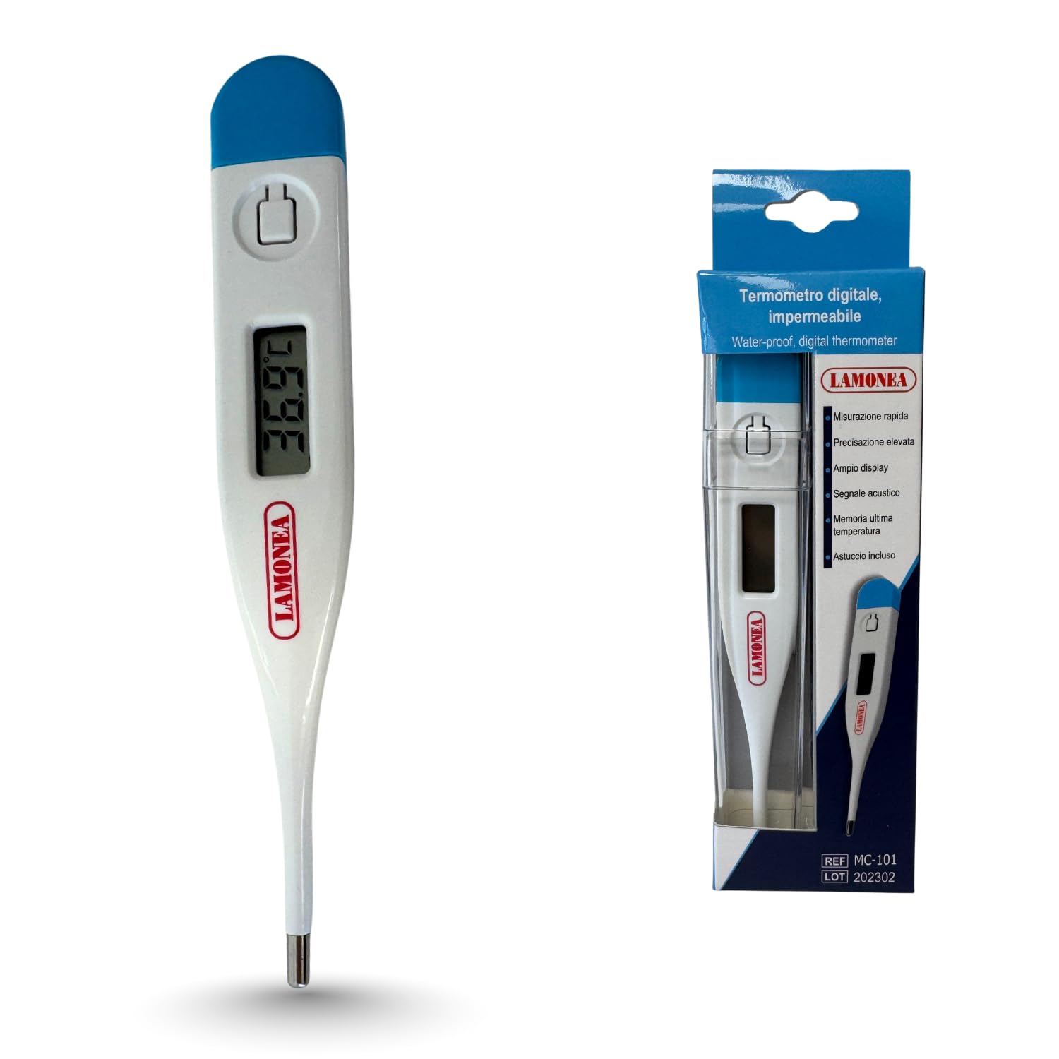 Termometro Digitale, Certificato CE - Impermeabile e Preciso, Misura la Febbre in 60 Secondi, Display LCS e tasto On/Off - Segnale Acustico, Ideale per Adulti e Bambini - MC-101