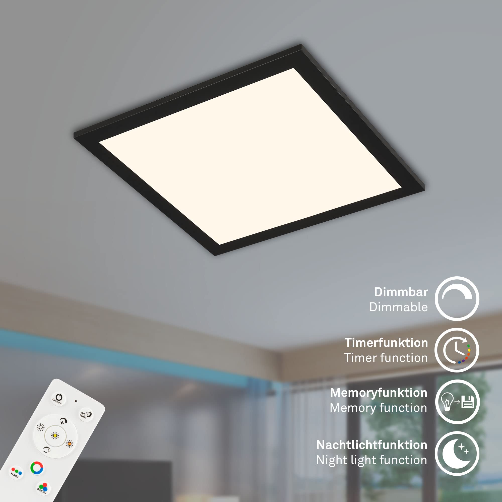 BRILONER - Plafonnier ultraplat RGB, Plafonnier CCT, Panneau LED, Température de couleur réglable, Changement de couleur, Dimmable, Télécommande, Noir