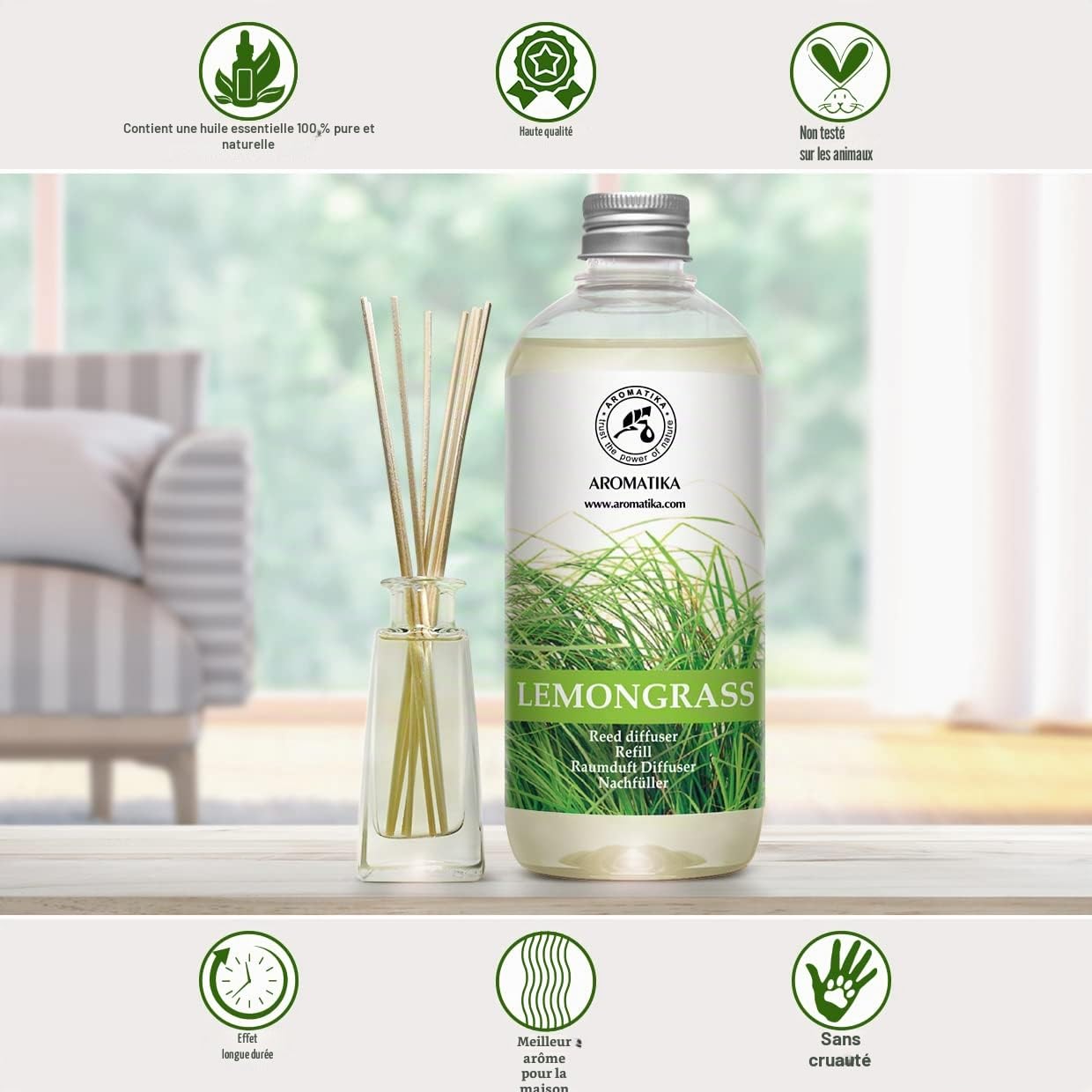 Recharge Diffuseur de Parfum Citronnelle 1000ml - Flacon 2x500ml avec Pur & Naturelle Huile Essentielle de Lemongras - Fragrance Fraîche et Durable - Lemongrass Essential Oil