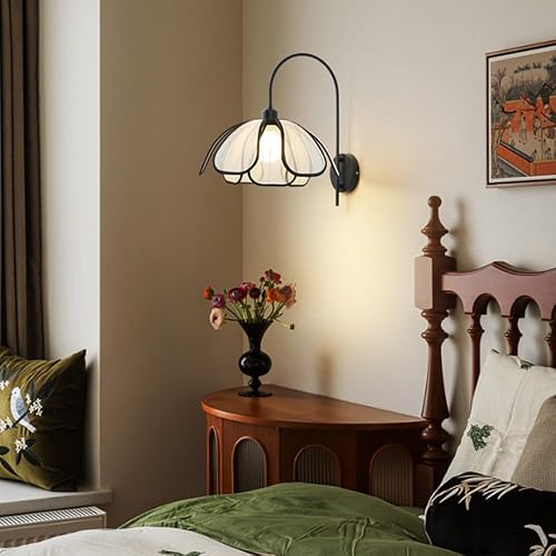 Miniatura 2 de Aplique de pared de metal retro francés con pantalla de tela negra cableada E26E27 Base de tocador de baño para dormitorio, sala de estar, pasillo