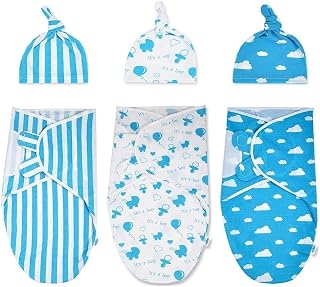 Takasara Breathable Swaddle Wrap with Caps for Newborn Babies 100% Organic Cotton Swaddle Blanket 0-3 Months - Baby Essentials for Newborn Girls & Boys - It's a Boy - (Pack of 3) (Blue)
