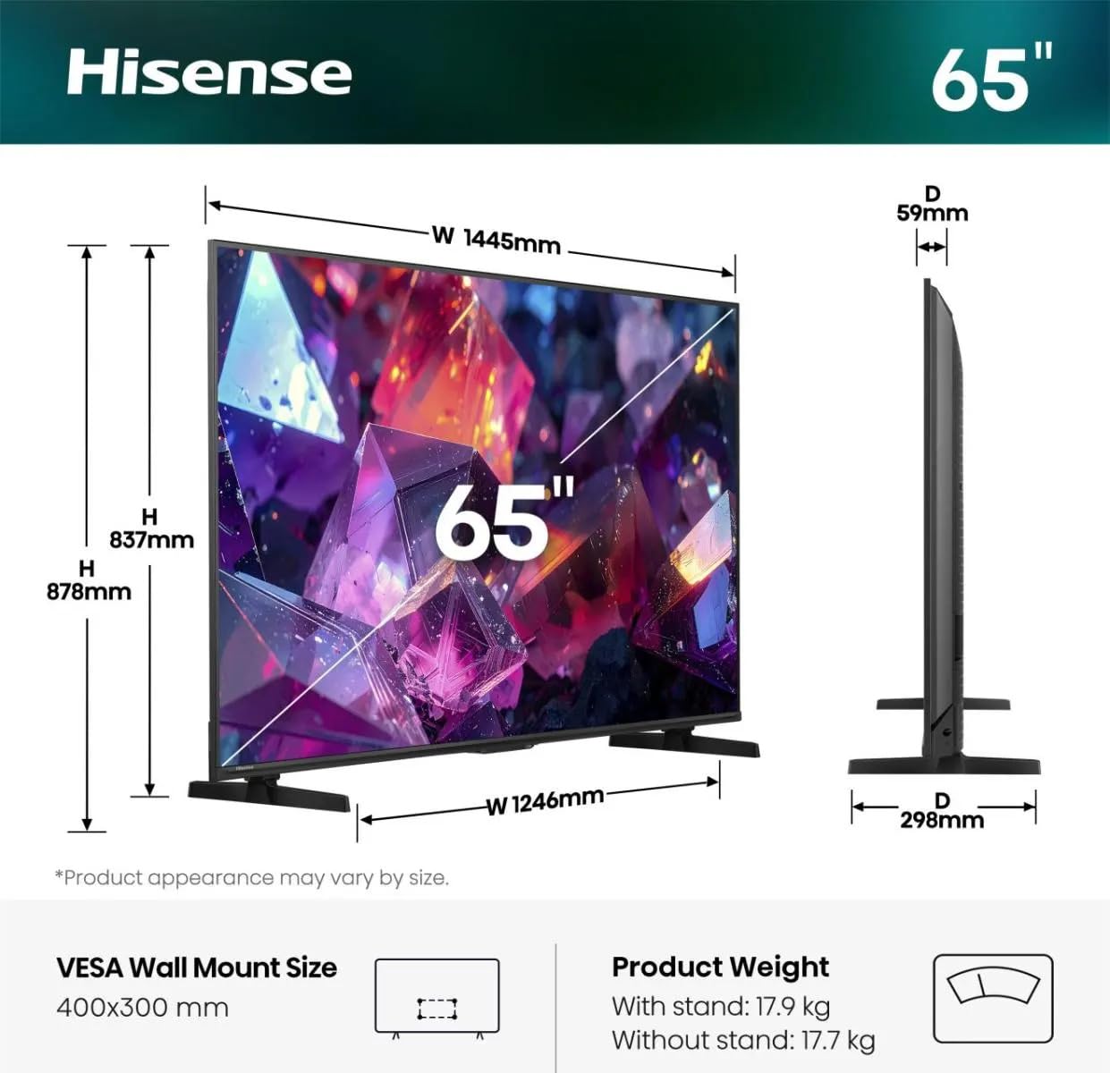 Hisense 65E7S Pro - TV QLED Gaming 65" (164 cm), 4K UHD, 144Hz Natif, Dolby Vision IQ & Atmos, HDMI 2.1, FreeSync Premium, Smart TV VIDAA U9.5, Contrôle Vocal Alexa intégré [Modèle 2026]