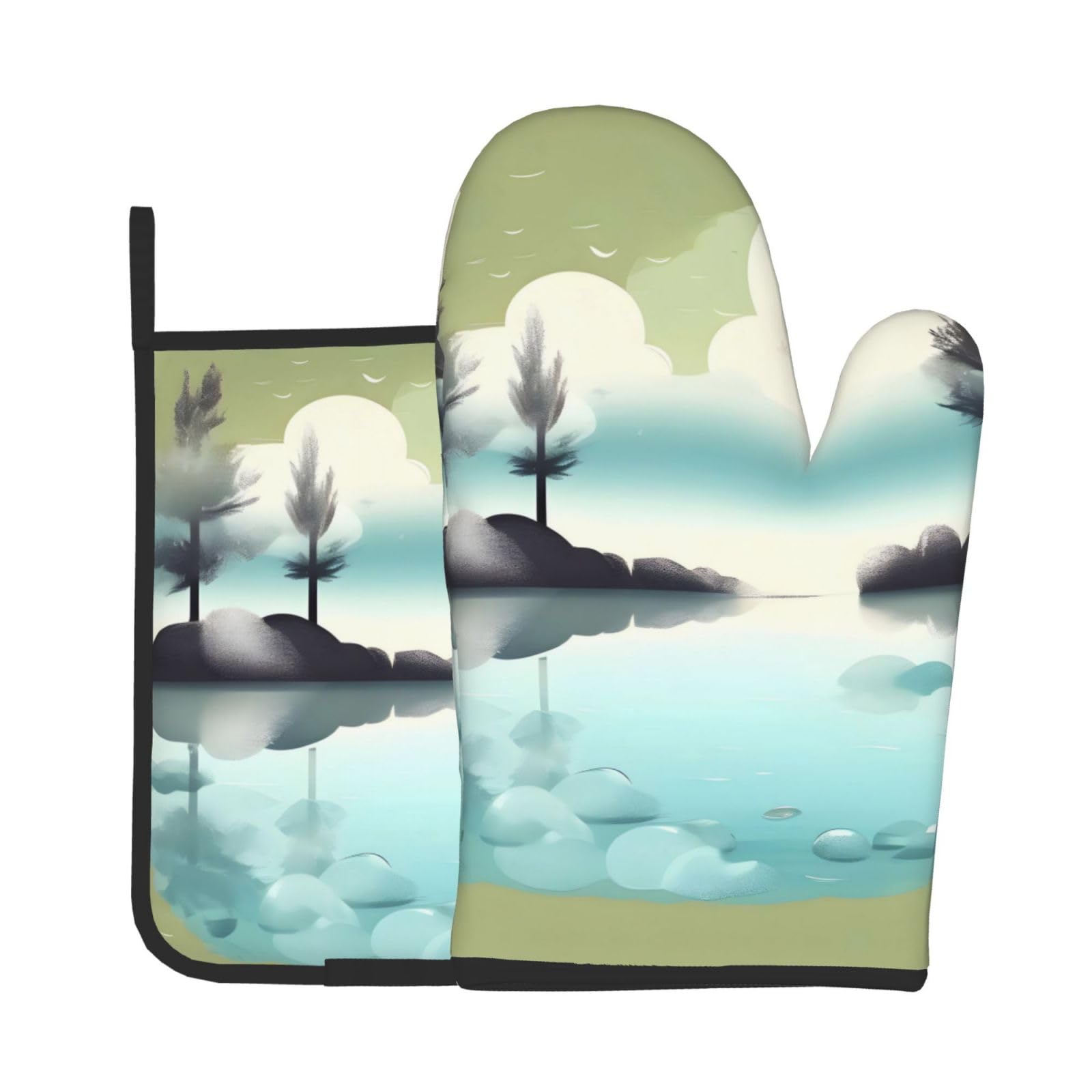 Oven Mitts and Potholders Set of 2 for Kitchen Baking Cooking GrayTranquil Lakes Thick and Durable