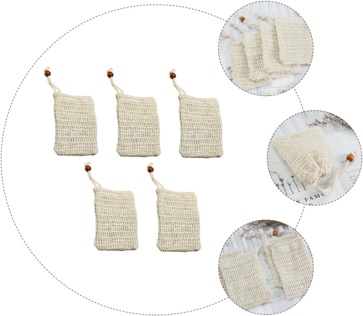 5pcs Sisal Soap Net Pouches with Drawstring for Bathroom Use