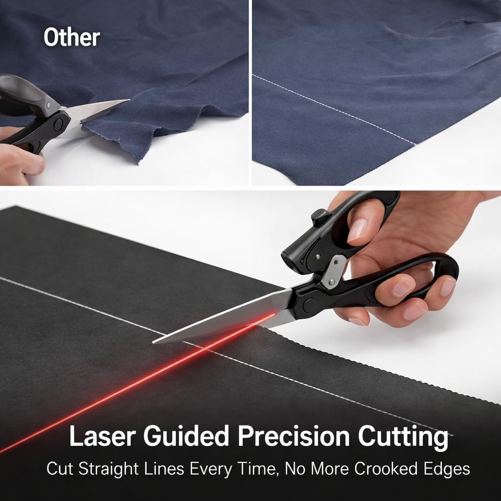 Professional Laser Guided Sewing Scissors for Fabric Paper Gift Wrapping DIY Crafts Straight Cut Ergonomic Handle (Black)