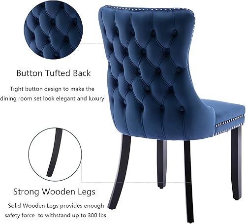 Miniatura 58 de Juego de 4 sillas de comedor de terciopelo negro, sillas de comedor tapizadas con respaldo copetudo con patas de madera maciza, sillas de comedor