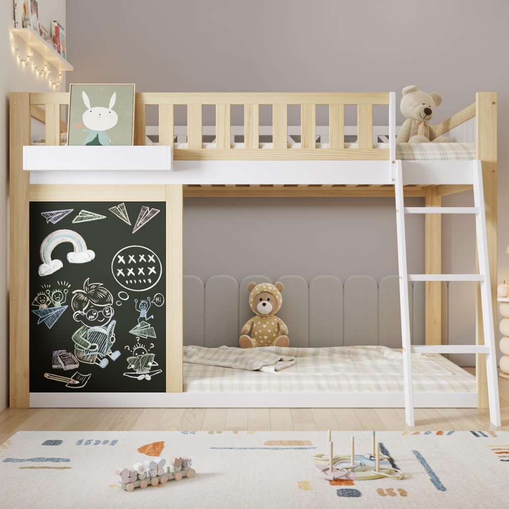 Lit mezzanine 90 x 200 cm, lit enfant avec petit tableau à peindre avec récipient,lit superposé enfant garde-corps de sécurité, espace de rangement réglable individuellement sous le lit, blanc