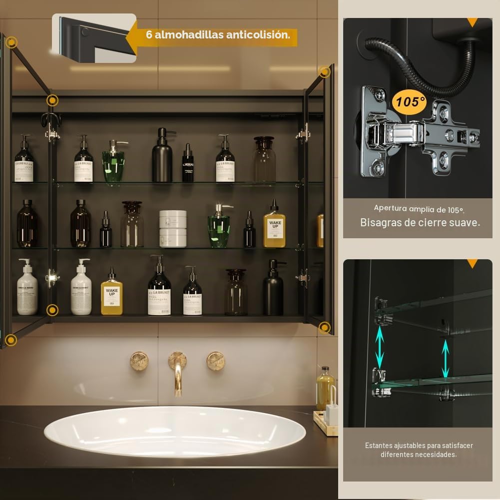KWW LED Ilumina el Botiquín del Baño, con Espejo, Temperatura de Color Ajustable, luz Antiniebla, Enchufe y USB, Botiquín Montado en La Pared (2 puertas-75×70)