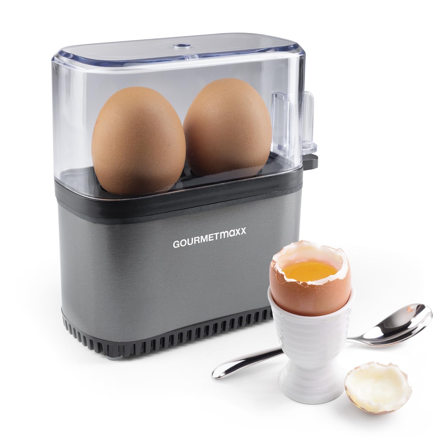 GOURMETmaxx Cuociuova per 2 uova, scaldabagno con tagliauova nel misurino, 3 gradi di durezza per il tuo portauova, design cuociuova piccolo, parti lavabili in lavastoviglie