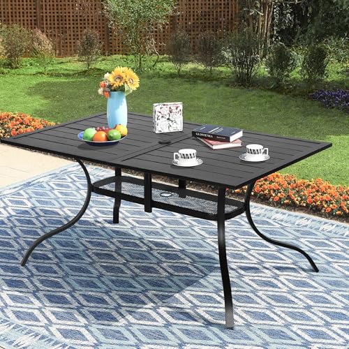 Image of Incbruce Patio Dining Table, 60 inch x 36 inch Rectangle Metal Steel Slat Table, with 1.57 inch Umbrella Hole, for Backyards, Porches, Gardens or Poolside