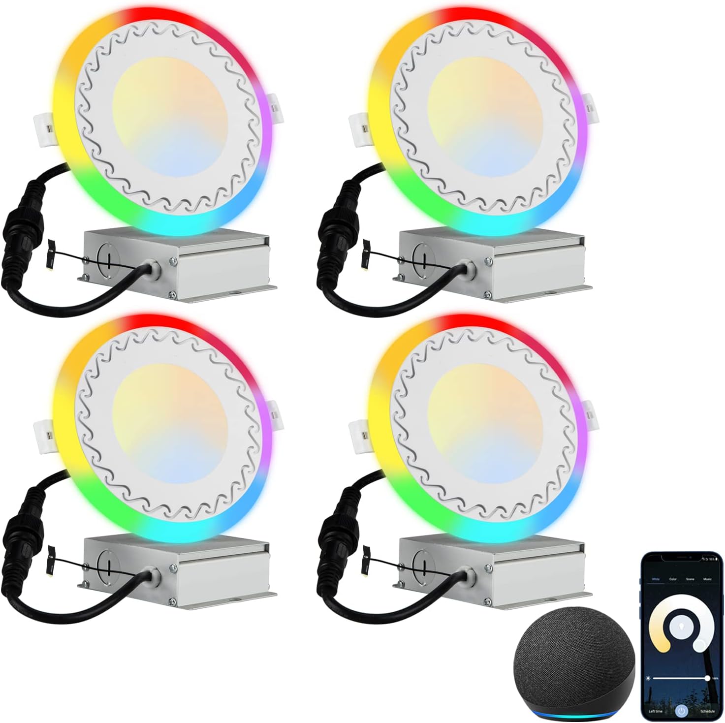 JARLSTARSmart Recessed Lighting with Junction Box 4 Inch RGB LED Recessed Lights WiFi Smart Retrofit Downlight Dimmable 9W 600LM 3000K-6500K Selectable, Compatible with Alexa/Google, 4 Pack