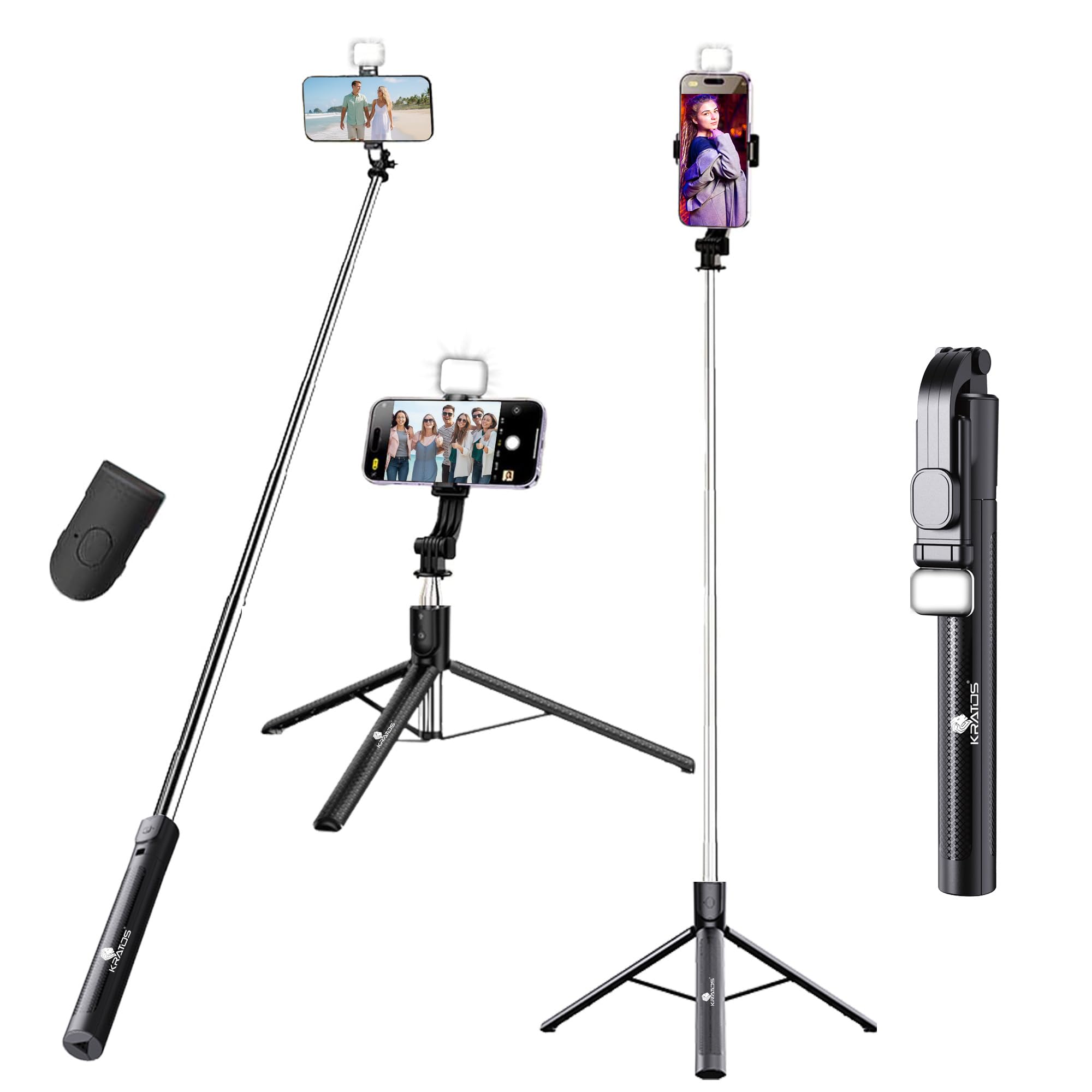 Kratos K50 Selfie Stick Tripod with Light, 67 inch/170CM Reinforced Tripod for Mobile Phone,Multi-Functional Bluetooth Long Selfie Stick for Travel,Vlogging,Compatible with iPhone and All Smartphones
