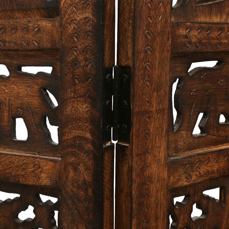 Image of Home & Goods International Wooden Room Divider Partition - Foldable Wood Screen Separator for Living Room, Bedroom, Office, Restaurant || Elephant Design - 4 Panel (Brown)