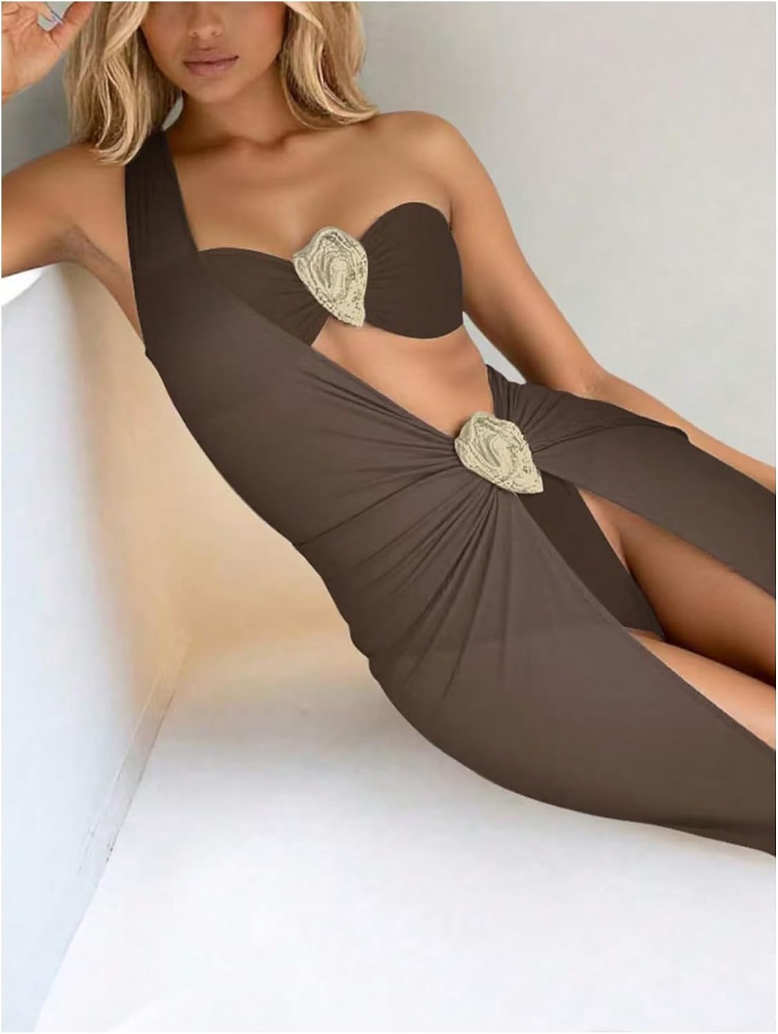 GORGLITTER Women's Strapless Bandeau Cheeky Y2K Bikini Set High Waisted Thong Swimsuits with Bathing Suit Coverup Dress