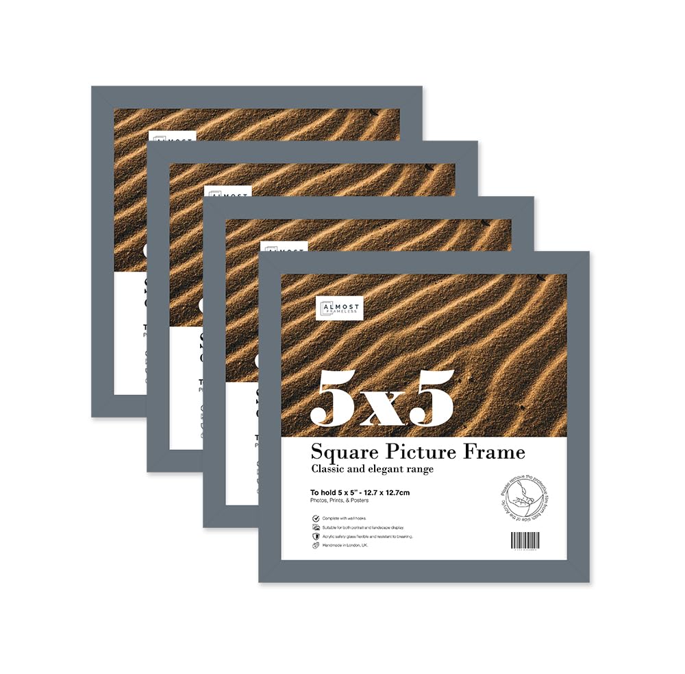 Almost Frameless 5x5 Grey Picture Frame Set of 4, Display 5x5 Picture Gallery Wall, Poster, Photo, Artwork, or Print, Grey, Square