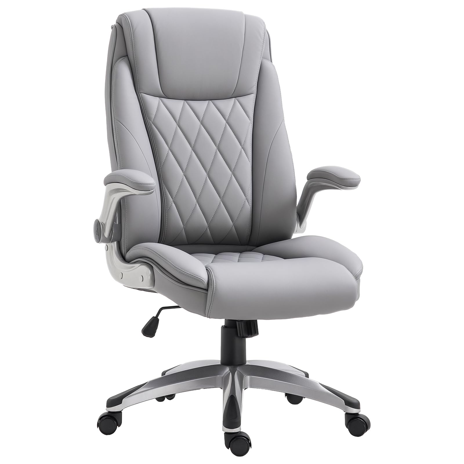 High Back 360° Swivel Ergonomic Home Office Chair with Flip Up Arms, Faux Leather Computer Desk Rocking Chair, Grey