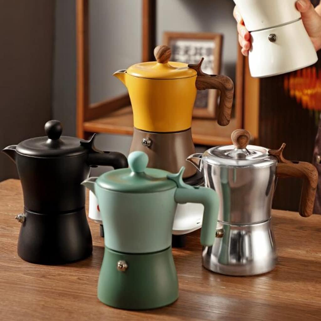 Estufa italiana para café expreso, cafetera de aluminio de 3 tazas, cafetera Moka con mango de madera (blanco)