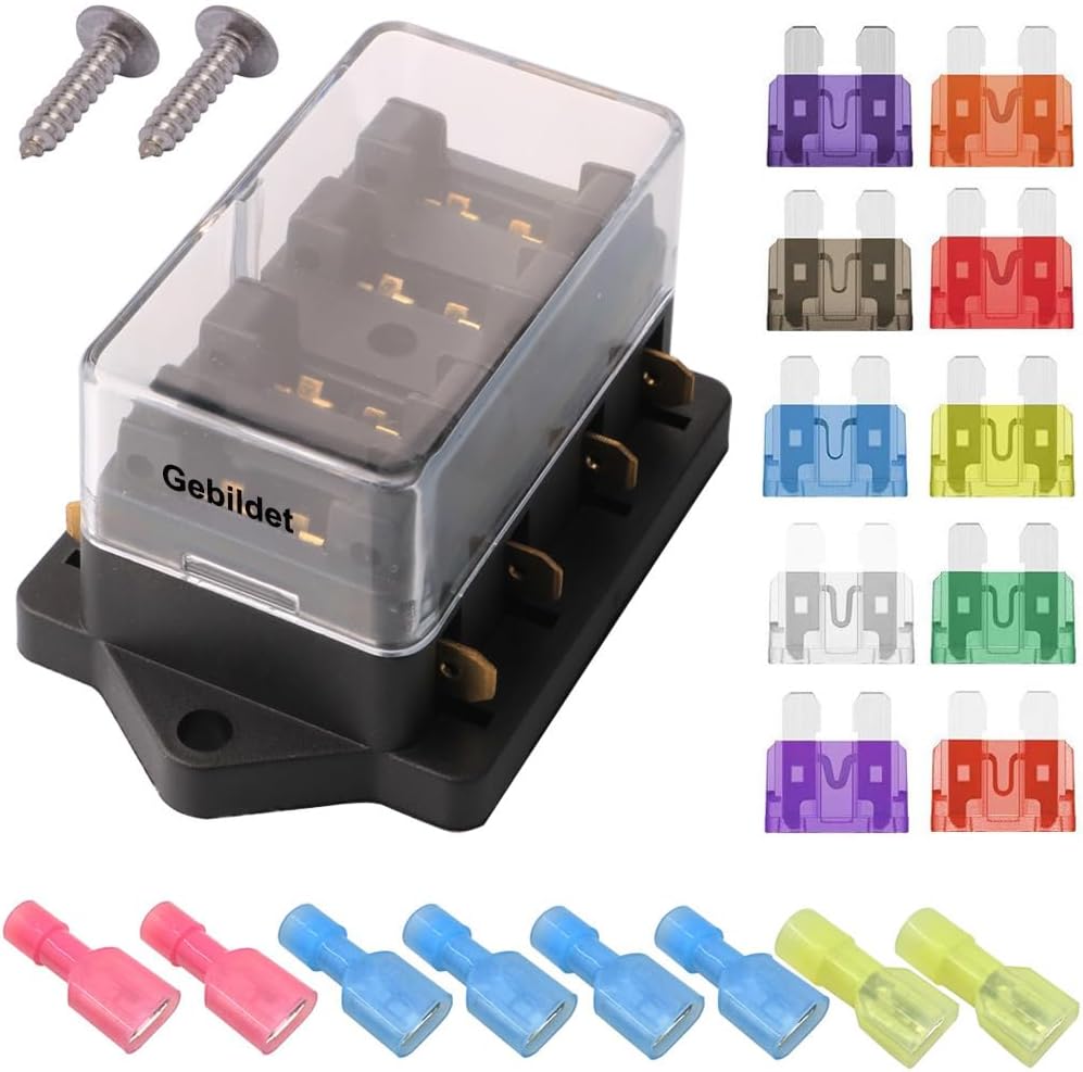 Gebildet 4 Way Car Standard Blade Fuse Holder Box (Apply to 1~40 AMP), with 10pcs Blade Fuse (3A/5A/7.5A/10A/15A/20A/25A/30A/35A/40A) and 8pcs Terminals, for Car/Boat/Marine/Trike