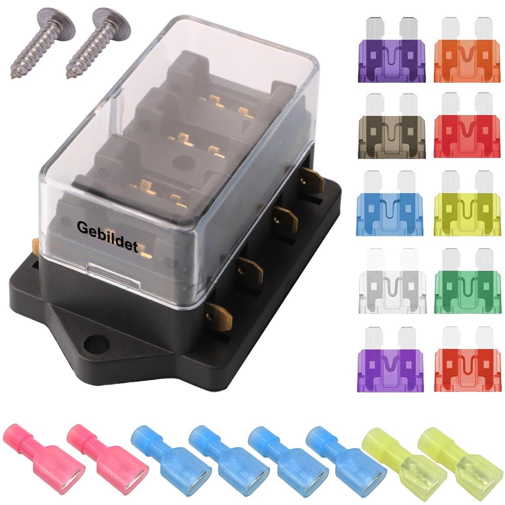 Gebildet 4 Way Car Standard Blade Fuse Holder Box (Apply to 1~40 AMP), with 10pcs Blade Fuse (3A/5A/7.5A/10A/15A/20A/25A/30A/35A/40A) and 8pcs