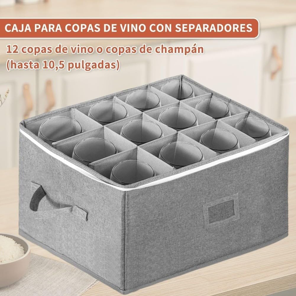 Stackable Wine Glass Organizer Box Holds 12 Glasses with Hard Shell Cover and Adjustable Dividers Providing Protection
