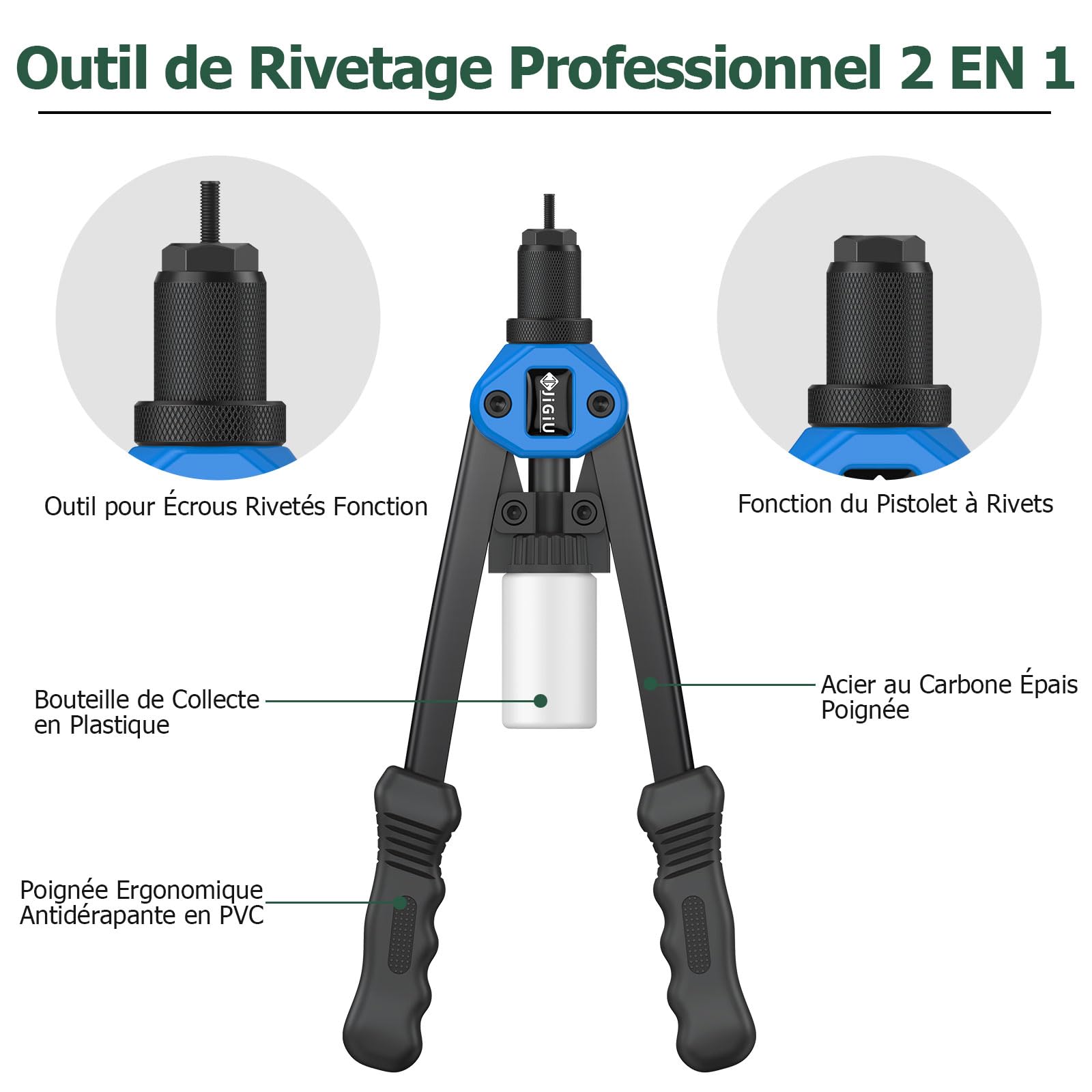 JiGiU 2 EN 1 Riveteuse Manuelle et Pince à Insert Fileté Professionnel Bleu | Pistolet à Écrou avec 110 Écrous, 7 Mandrins M3 à M12, Pince à Rivets avec 50 Rivets, 5 Embouts 2.4 à 6.4mm, pour Bricolage