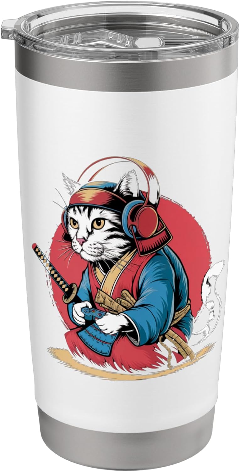 Japan Kawaii Cat Samurai Headphones Video Game Controller Stainless Steel Insulated Tumbler